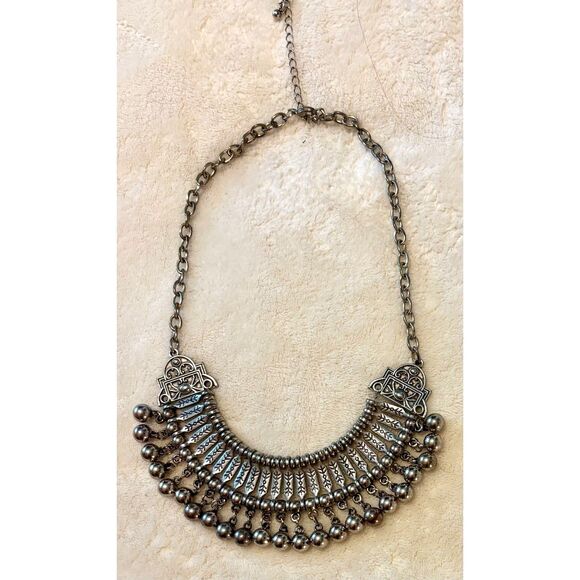 Turkish Style Tribal Design Boho Bib Silver Tone Statement Necklace - Picture 1 of 4